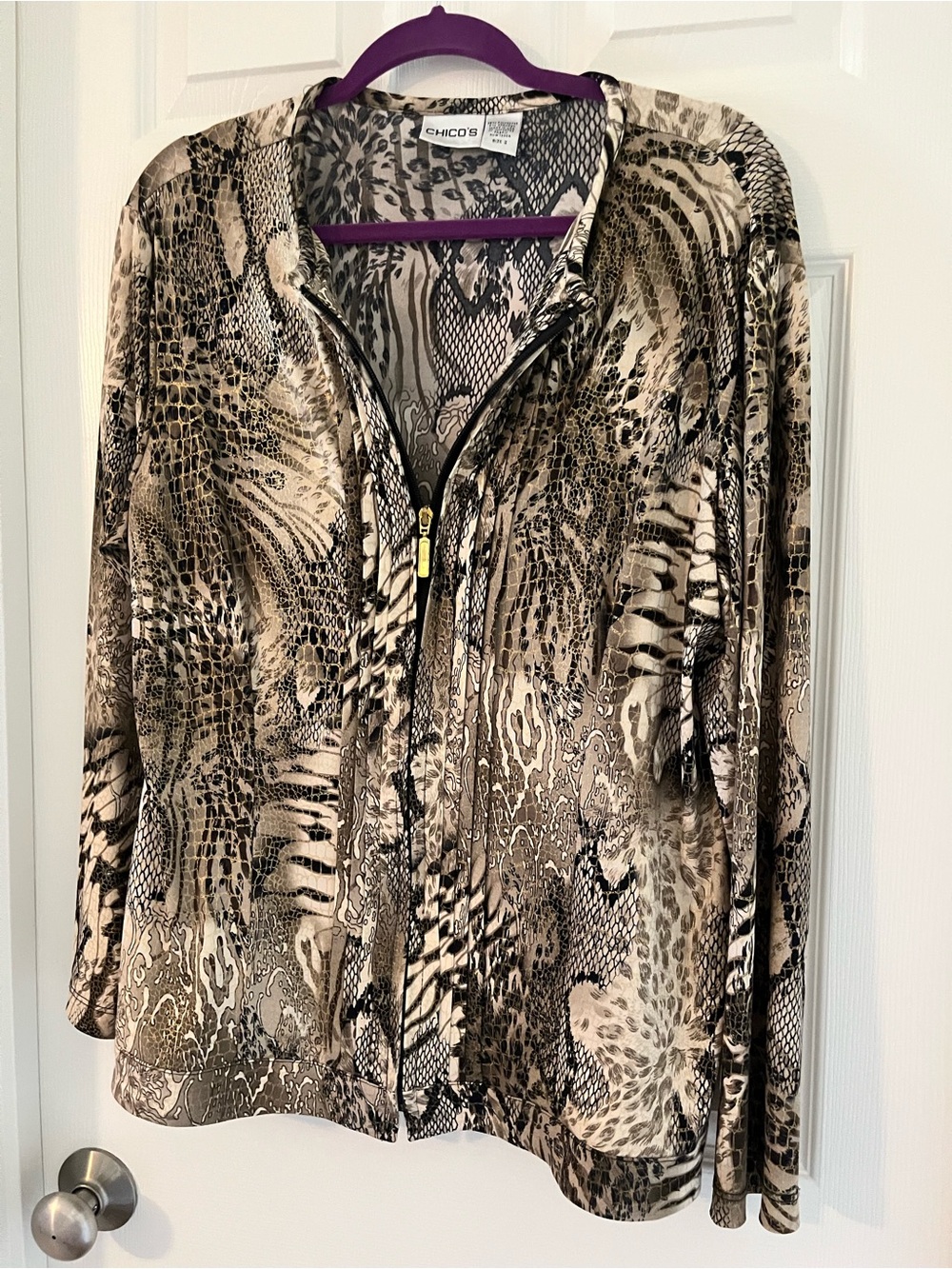 Chico's Taupe and Black Snake-Print Zip Jacket